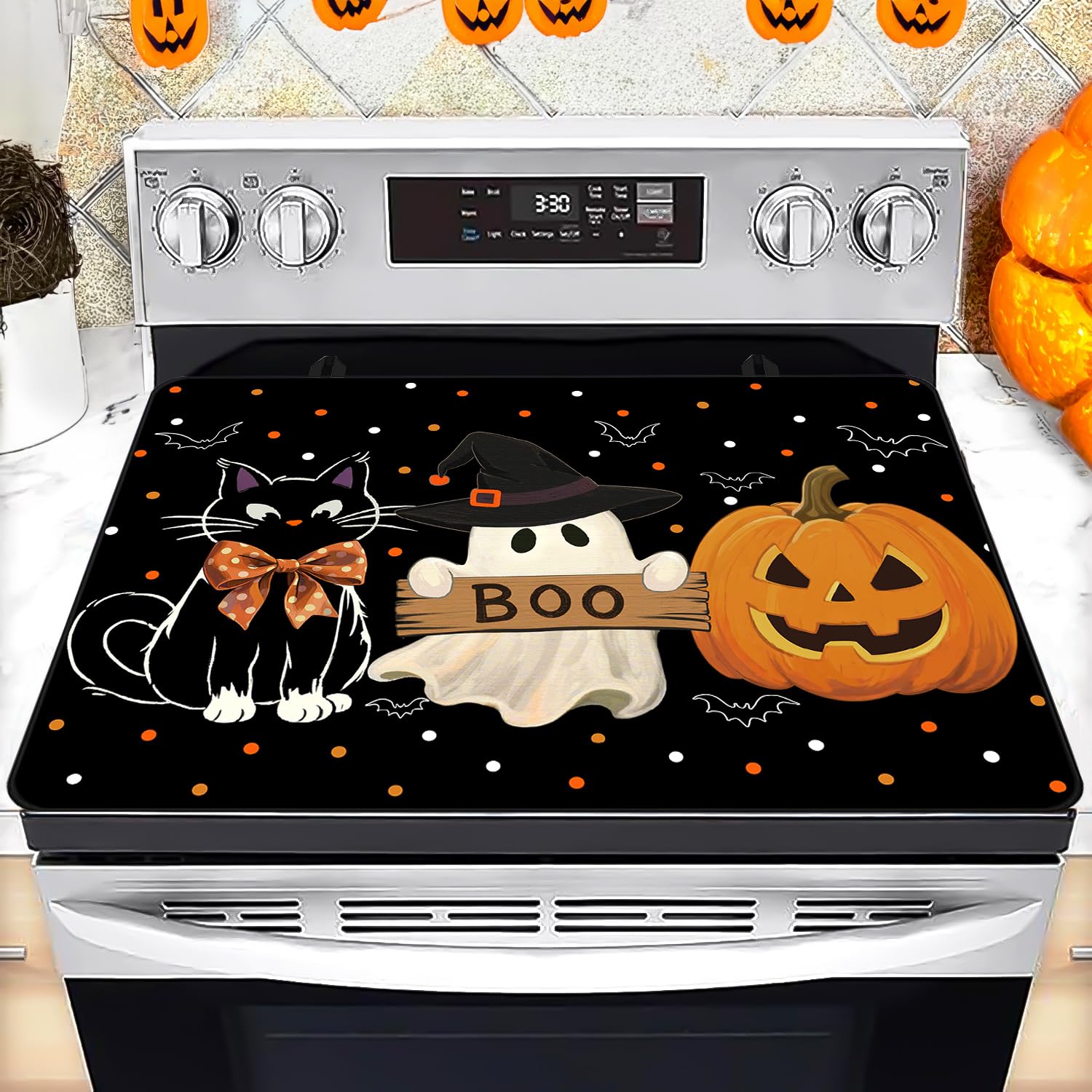 Halloween Stove Top Cover for Electric Stove 28 "x 20 ", Boo Heat Resistant Glass Top Stove Cover Protector, Glass Cooktop Covers, Kitchen Flat Electric Stove Top Covers