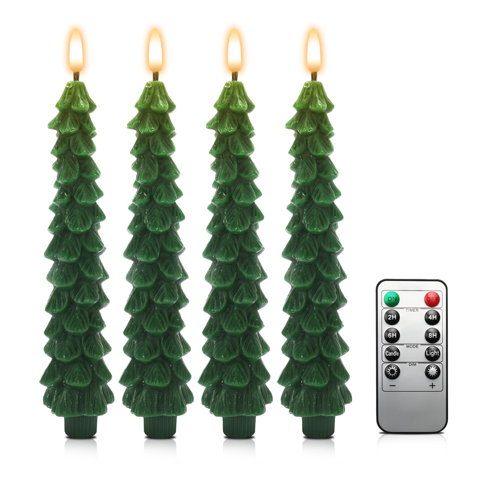 Roadtime, Candele per albero di Natale con telecomando e timer, 4 pezzi di candele LED in cera a bastoncino tremolanti, candele senza fiamma a batteria con stoppino 3D, candele verdi per decorazione