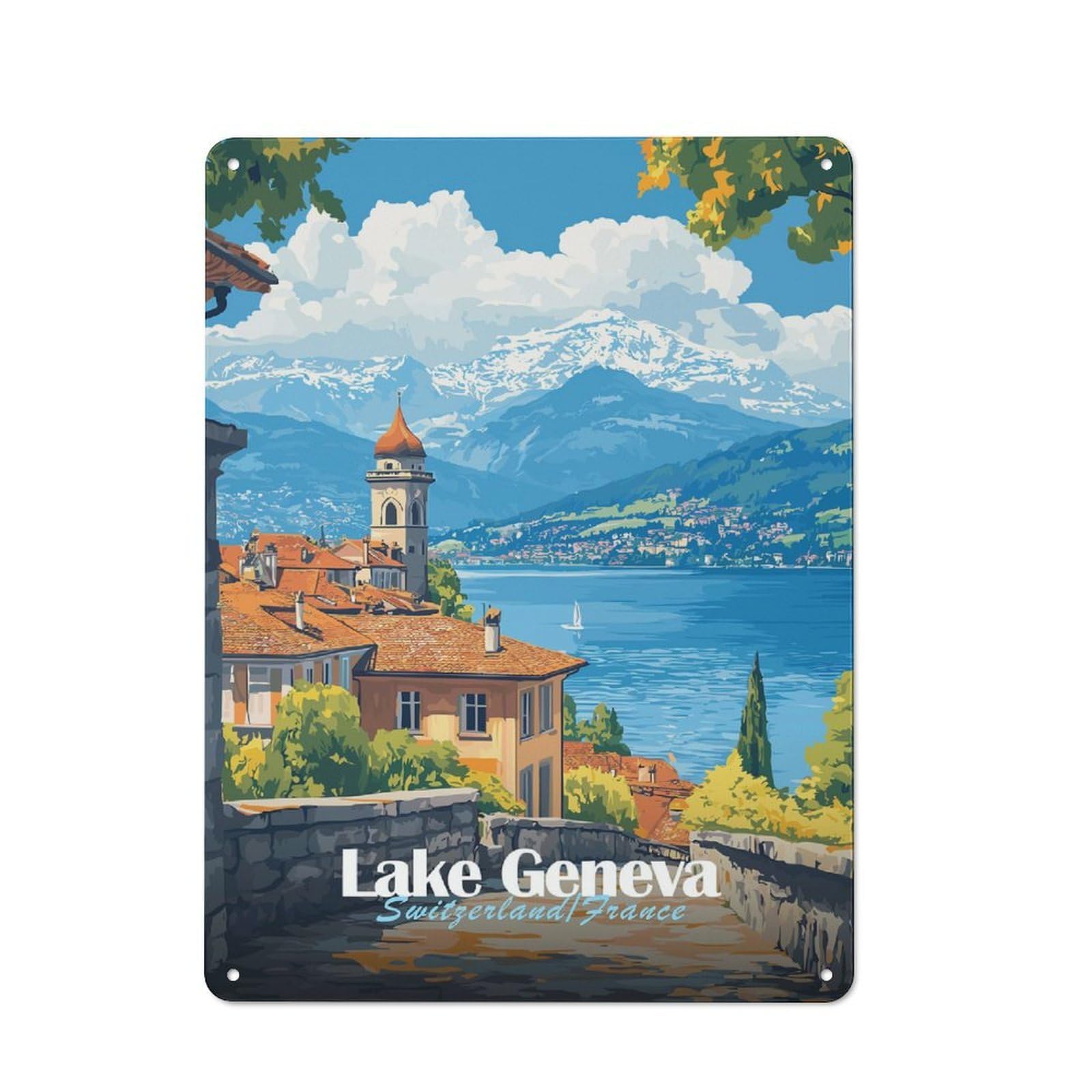 Junmoney Style-7 Tin Wall Plaque 40X30cm With Lake Geneva Landscape For Guest Room Or Hallway, For Garage, Workshop And Man Cave Decoration