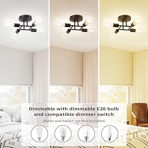 Miniatura 6 de Finktonglan Candelabros Sputnik modernos de 4 luces, color negro, lámpara de techo semiempotrada con base E26 para granja, comedor, pasillo, sala de