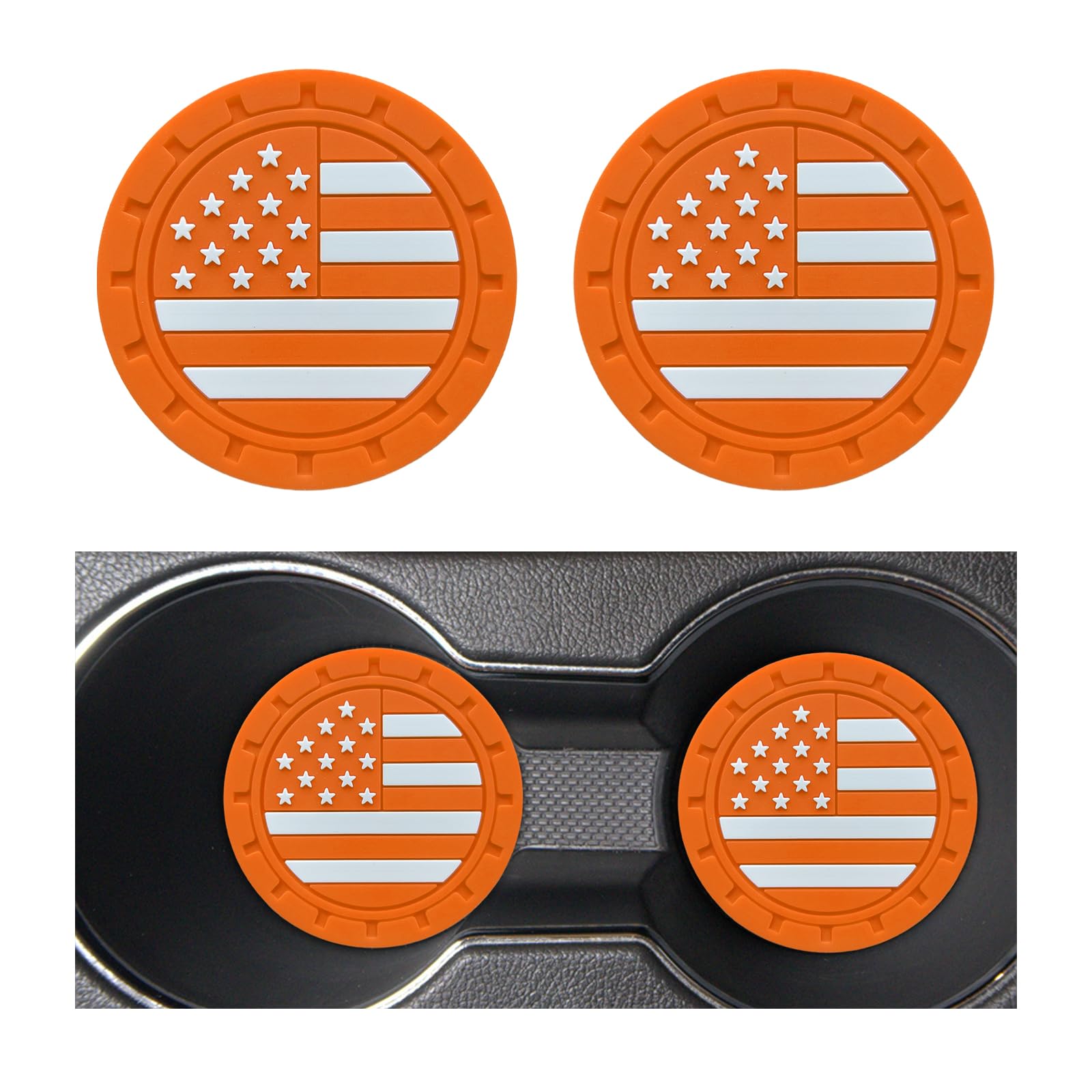 Augeny 2 PCS Car Cup Holder Coasters, 2.75 Inch American Flag US Flag Insert Auto Cup Coaster, Universal Anti Slip Cup Mat for Men Women, Vehicle Interior Decor Accessories (Orange)