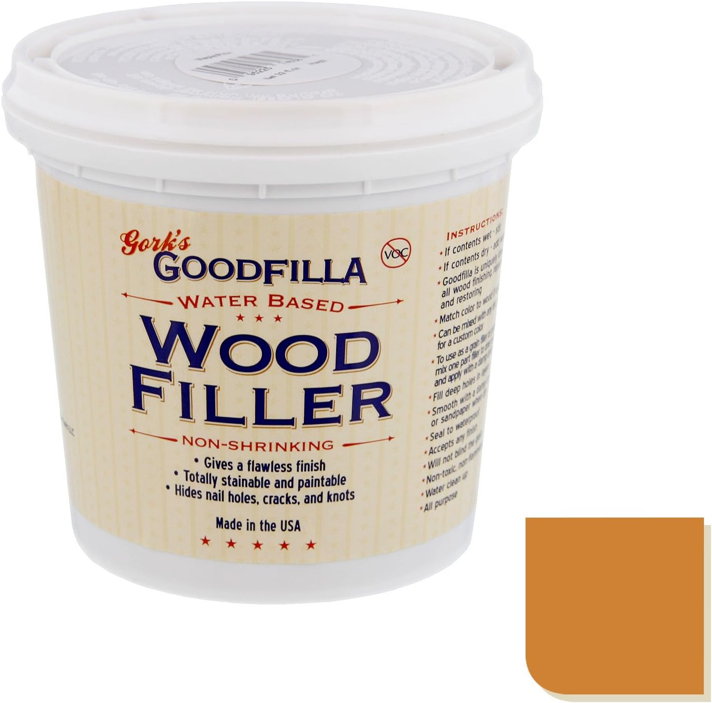 White Oak,1 Quart (3.7lbs) Wood and Grain Filler, Stainable, Sandable, Zero Waste, Non-Toxic, USA Made