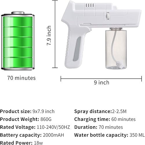 Miniatura 6 de Pistola de vapor de mano Nano atomizador, pulverizador nebulizador portátil, gran capacidad para viajes o uso diario en el hogar (blanco)