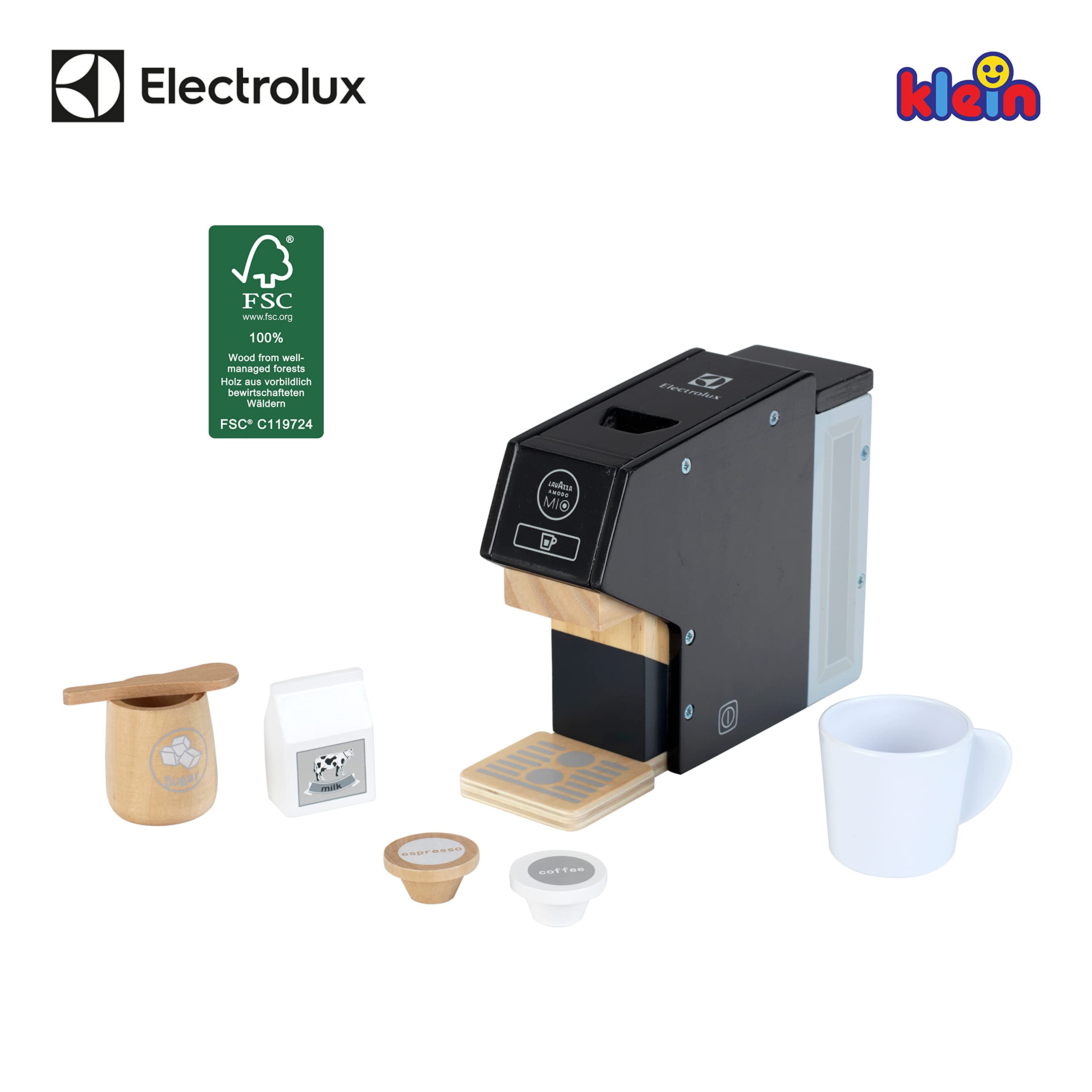 Theo Klein 7401 Cafetière Automatique Electrolux en Bois I avec Accessoires comme Tasse Capsules Lait et Sucre I Jouet pour Enfants à Partir de 3 Ans