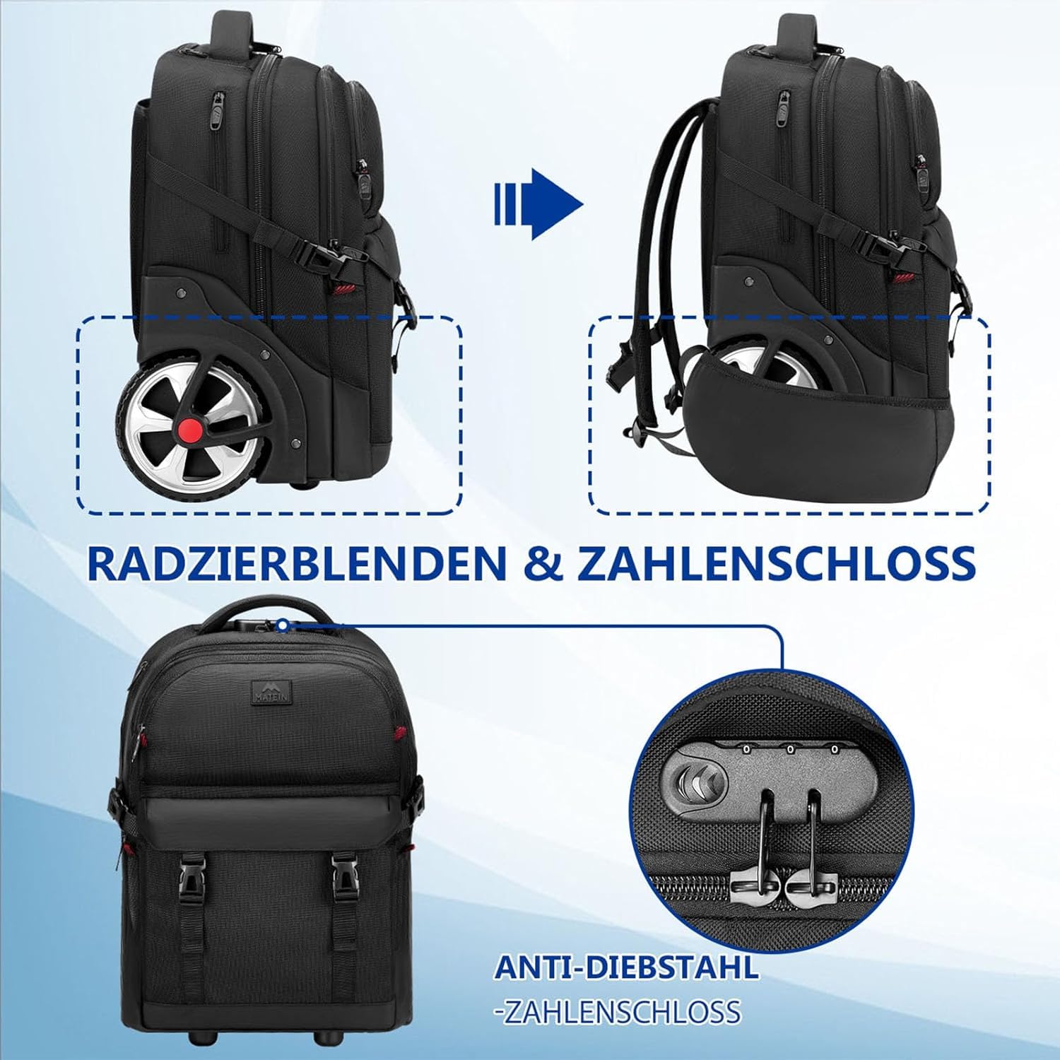 MATEIN Trolley Rucksack mit Rollen, 17,3 Zoll Trolley Rucksack mit Groß Rädern, 50L Reiserucksack mit rollen,Kombinationsschloss, Wasserdichte für Arbeit Reise, Schwarz