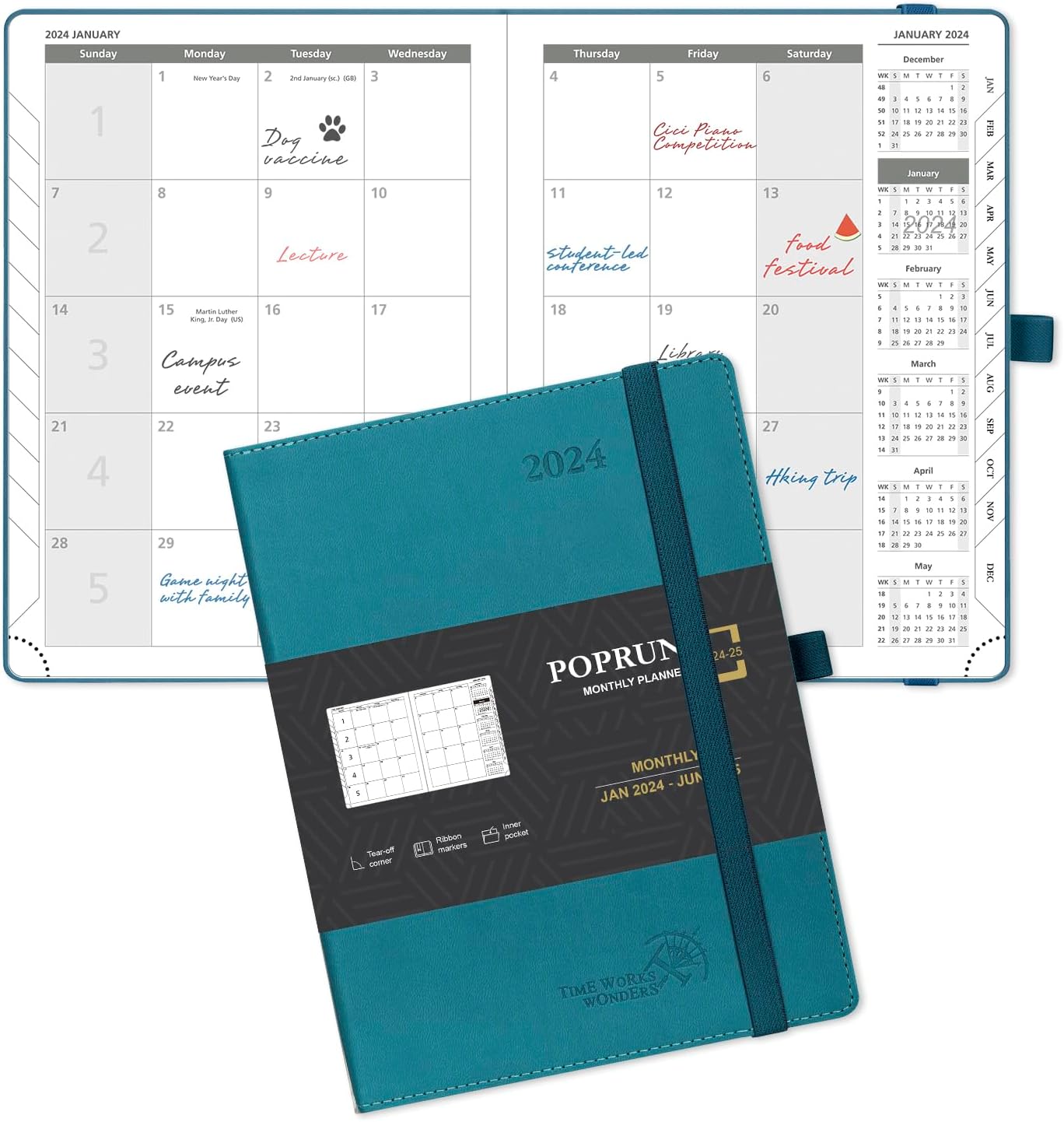 POPRUN Monthly Planner 2024-2025 (6.5'' x 8.5'') 18-Month Calendar Book (Jan.2024-Jun.2025) Soft Cover, Planner with Monthly Tabs & Pocket, 100 GSM Paper - Pacific Green