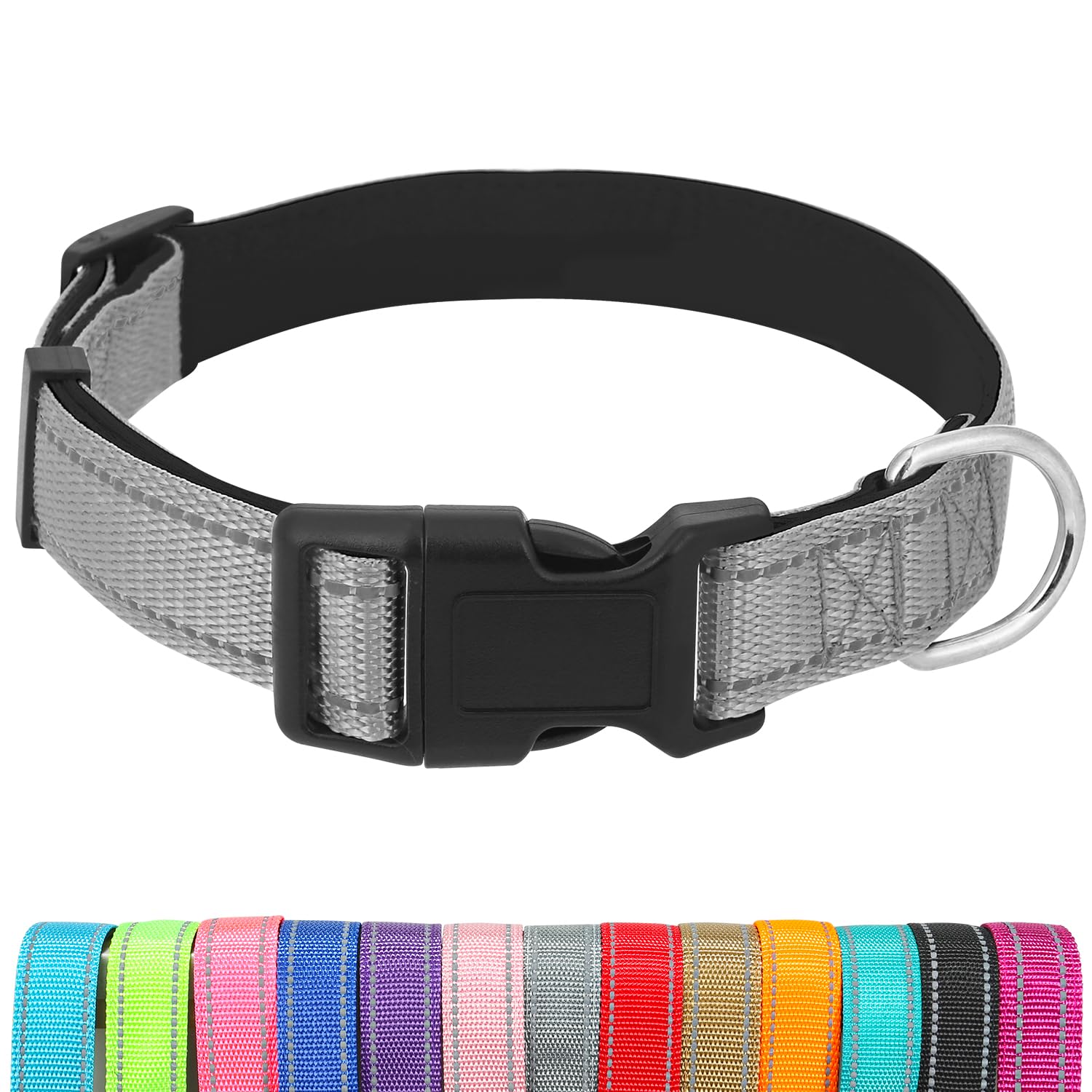 Dog Collars Adjustable for Medium Dogs,Heavy Duty Waterproof Dog Collar with Quick Release Buckle,Girl Boy Female Male Reflective Nylon Dog Collar with Soft Neoprene Padded,M,Gray
