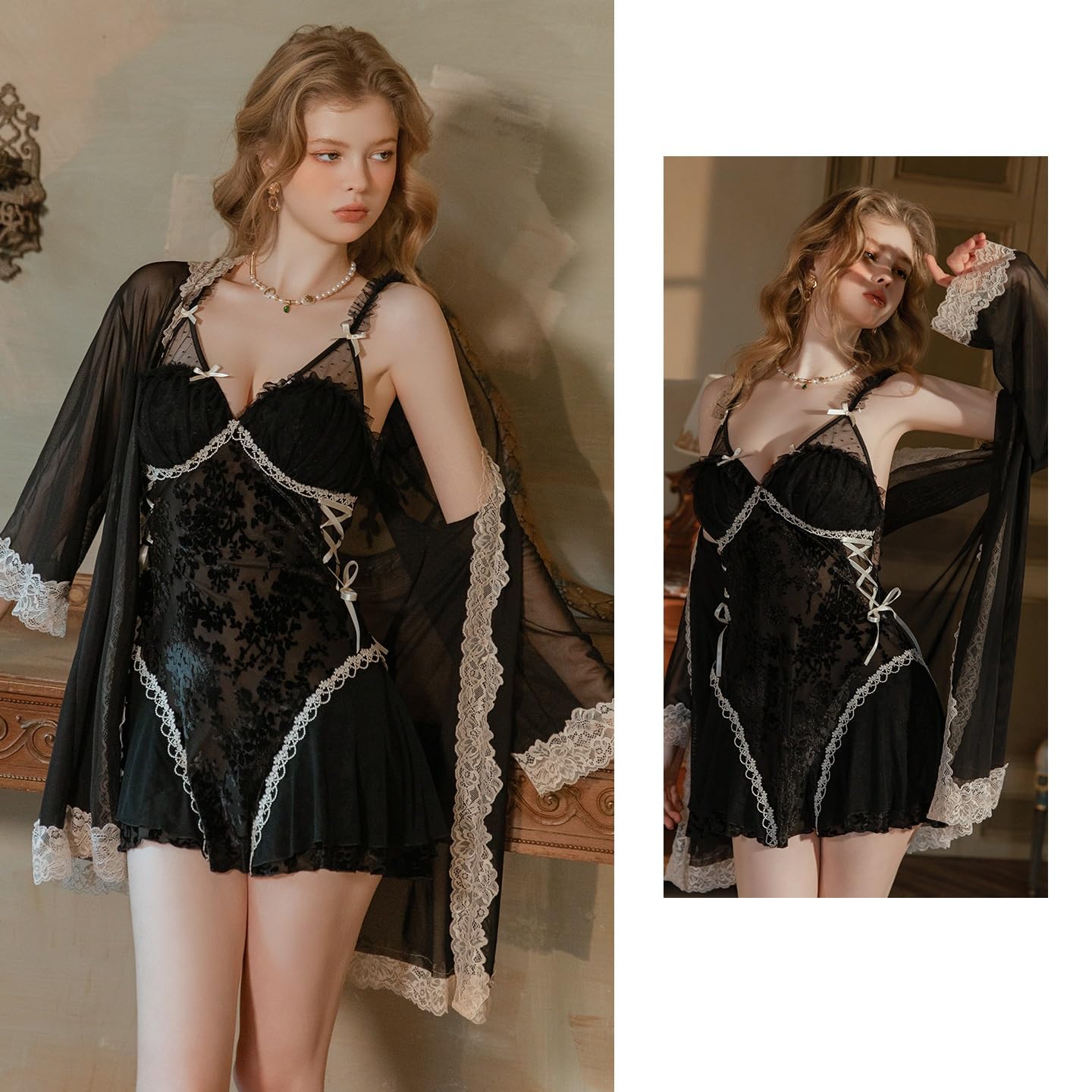 Vestaglia Donna Completo Sottoveste/Vestaglia in Velluto A Rete Trasparente con Fiocco
