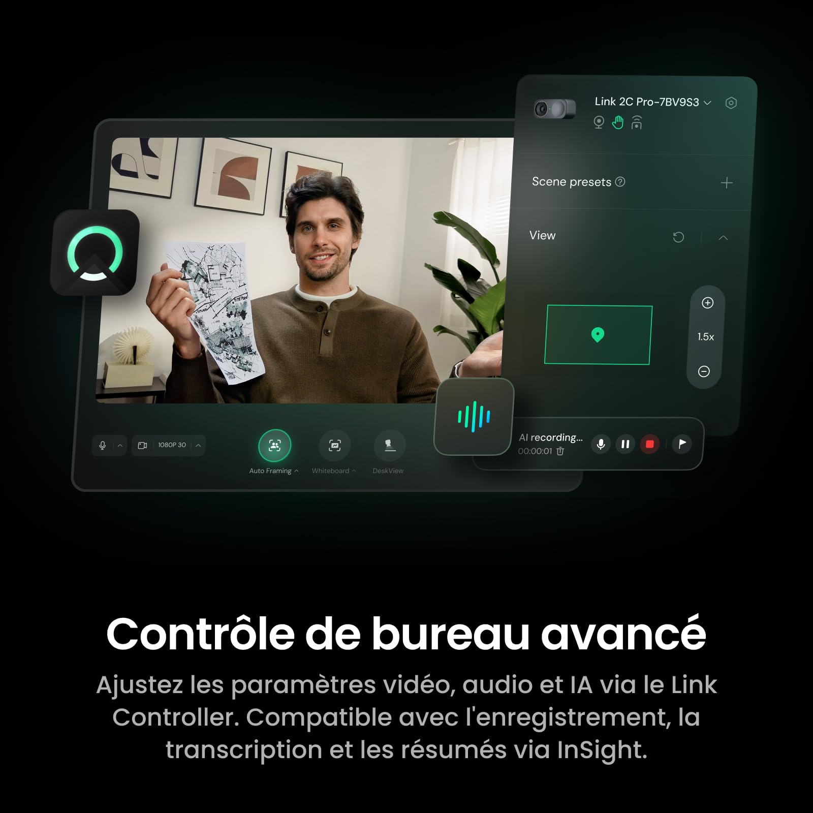 Insta360 Link 2C Pro – Webcam 4K pour PC/Mac, capteur 1/1,3”, Basse lumière, Cadrage Auto, HDR, micros directionnels, réduction de Bruit, Compatible Stream Deck, Zoom, Teams