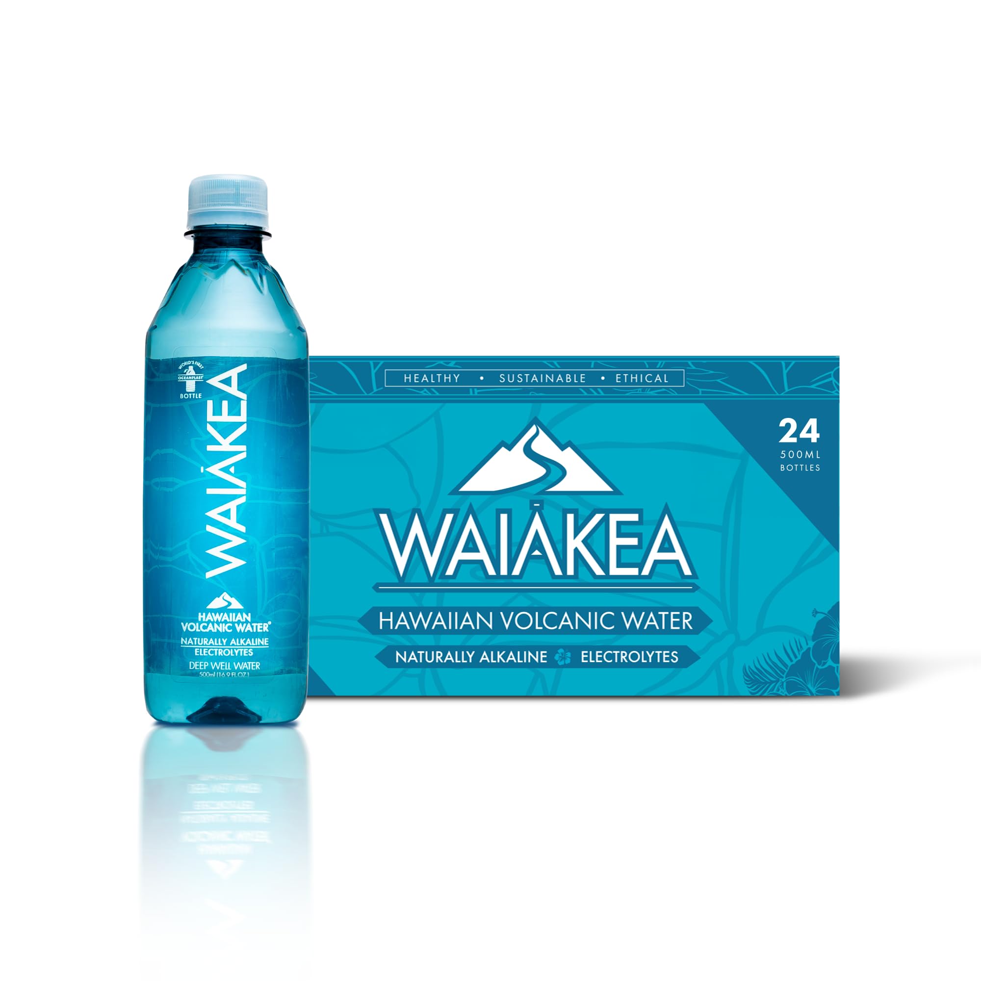 Waiākea - Hawaiian Volcanic Water - Naturally Alkaline Water - pH Range 7.6 to 8.2 - All Natural Minerals & Electrolytes - 100% Recycled Water Bottles - Bottled Water 24 Pack - 16.9 Fl Oz, 500 mL