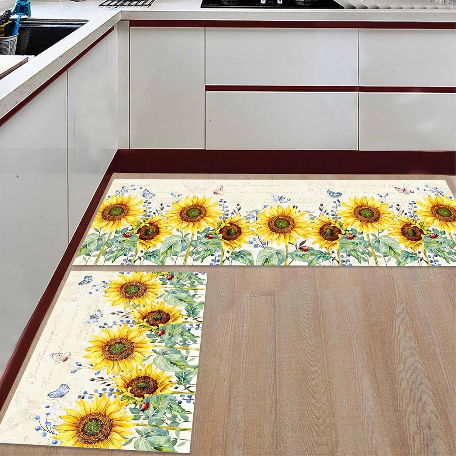 2 Pieces Kitchen Rugs and Mats,Retro Sunflower Butterfly Leaf Area Runner Rug Set Non Slip Floor Doormat Washable Carpet Standing Mat for Kitchen Sink Indoor Corridor,Pastoral Theme Postcard Back