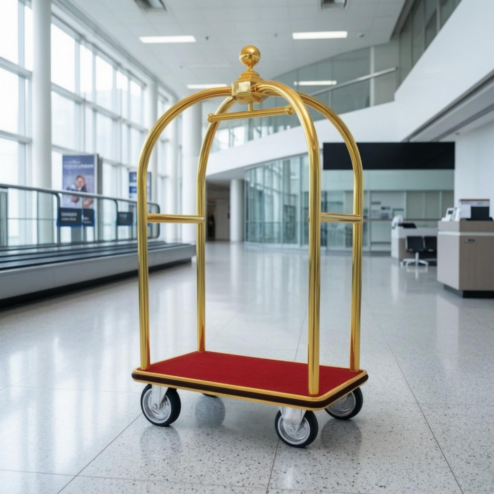 Carrito de Equipaje Carro Maletero Trolley Hotel Diseño Elegante Base Roja Superficie Rectangular Transporte de Maletas Adecuado para Recepción de Hotel Vestíbulo Aeropuerto