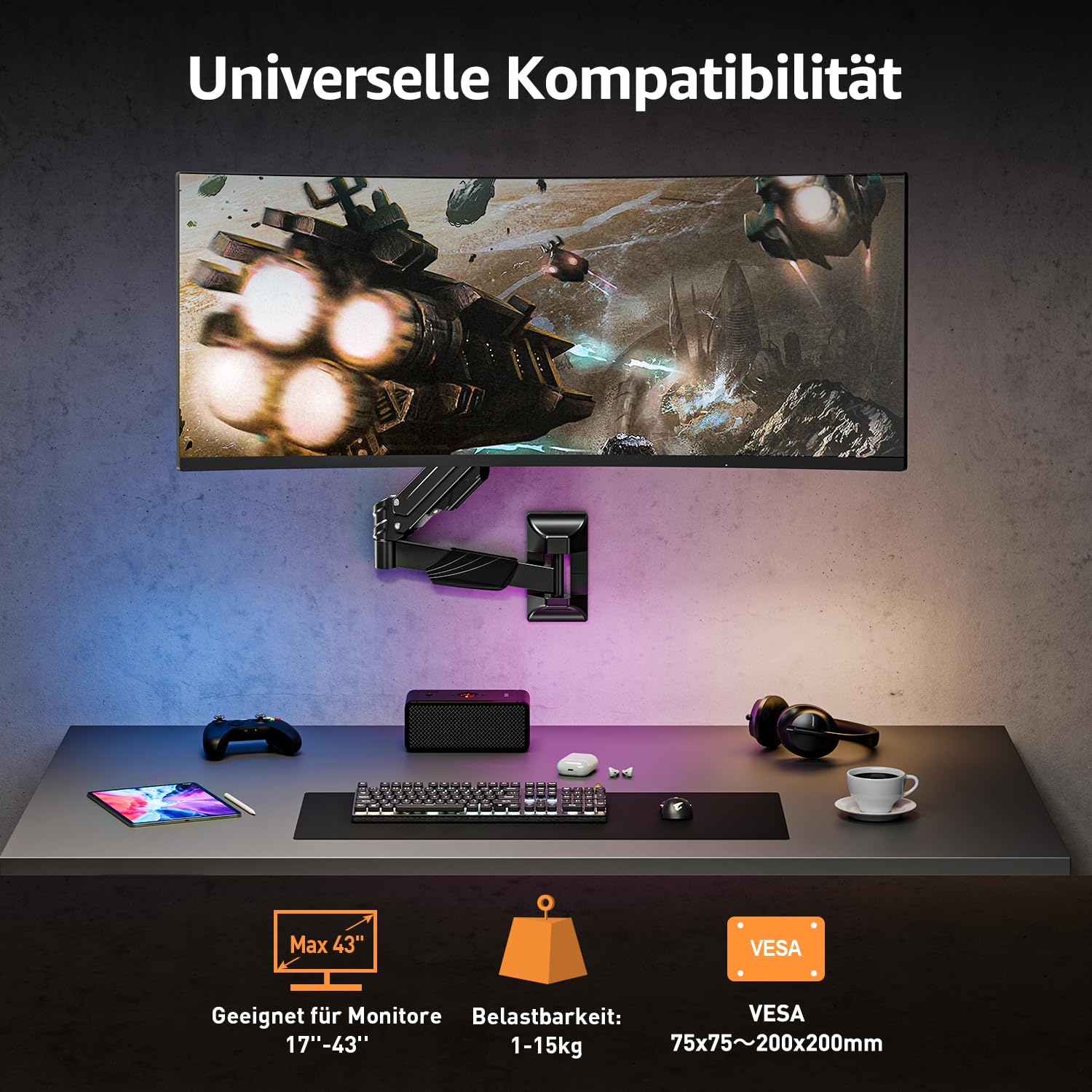 ELIVED Supporto da parete per monitor max. 43 pollici, ultra wide fino a 15 kg, VESA 75/100/200 mm, montaggio a parete resistente, regolabile in altezza, braccio EV3421B