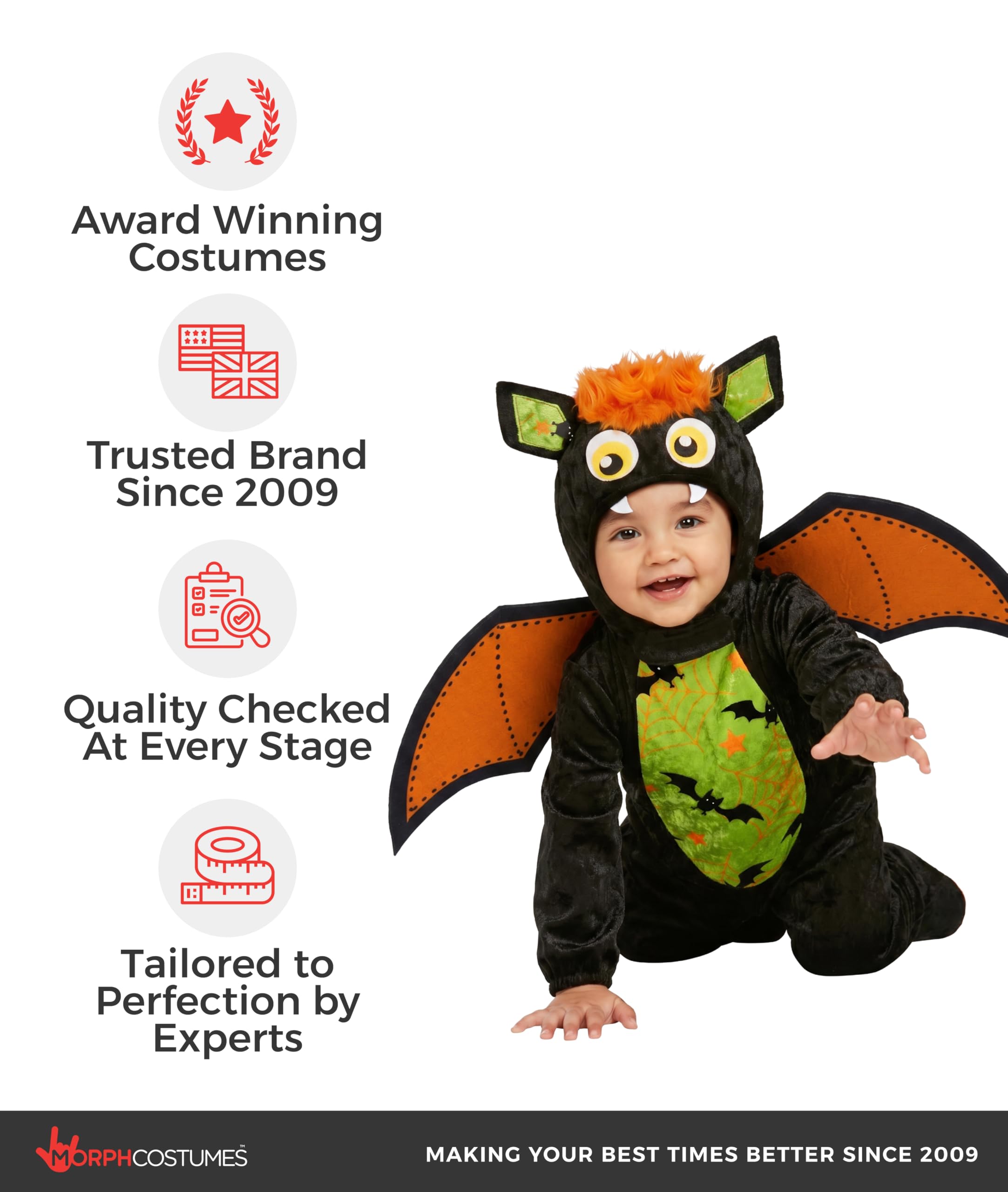Morph Costume Pipistrello Bambino, Costume Halloween Nero | Body, Cappuccio, Ali & Copriscarpe, Design Nero e Verde, Perfetto per Halloween, Ideale per il Gioco di Ruolo