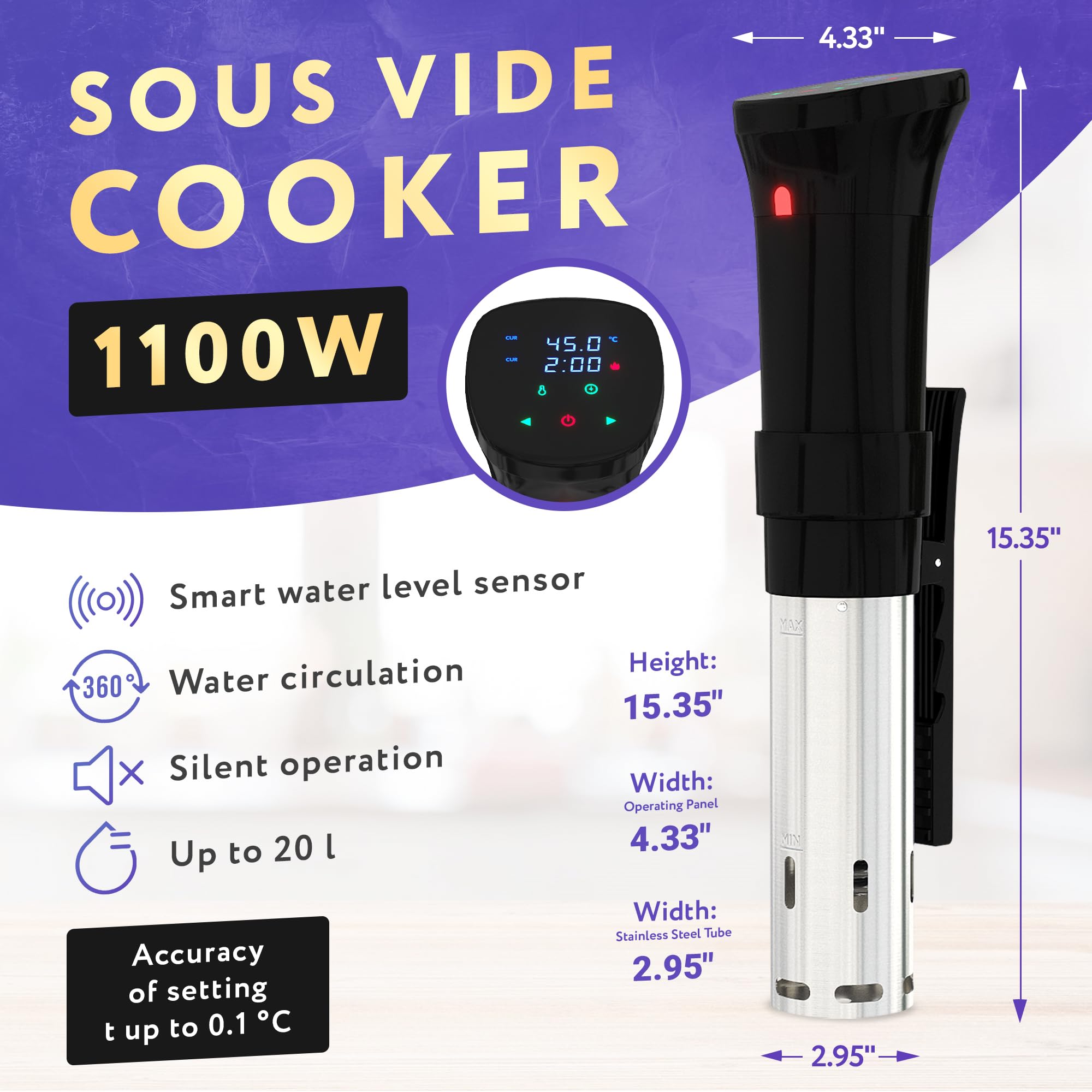 APQ Sous Vide Cooker 1100W, Circulador de inmersión térmica con receta y abrazadera ajustable, calentador Sous Vide con temperatura precisa y temporizador digital, acero inoxidable ultra silencioso