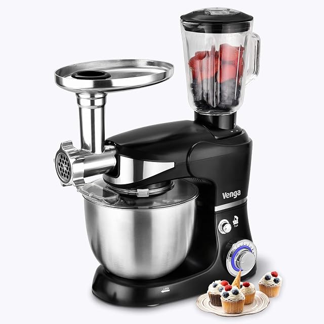 Venga 3-in-1 Multifunctional Stand Mixer with Blender and Meat Grinder, 12 Accessories, Recipe Book, 1 000 W, Black, VG M 3015 BS
