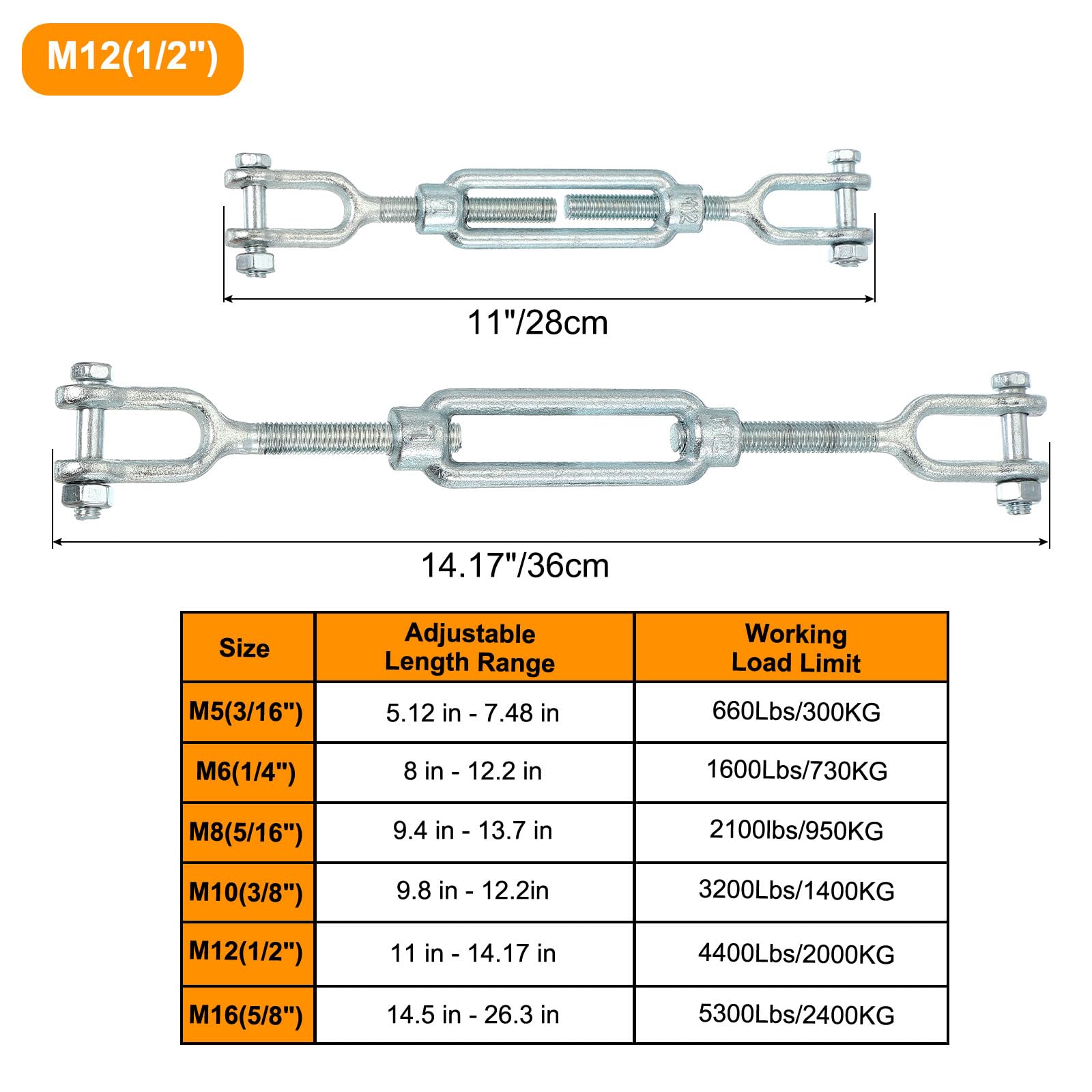 QUARKZMAN 2 Piezas M12(1/2") Tensores De Cable De Acero Galvanizado