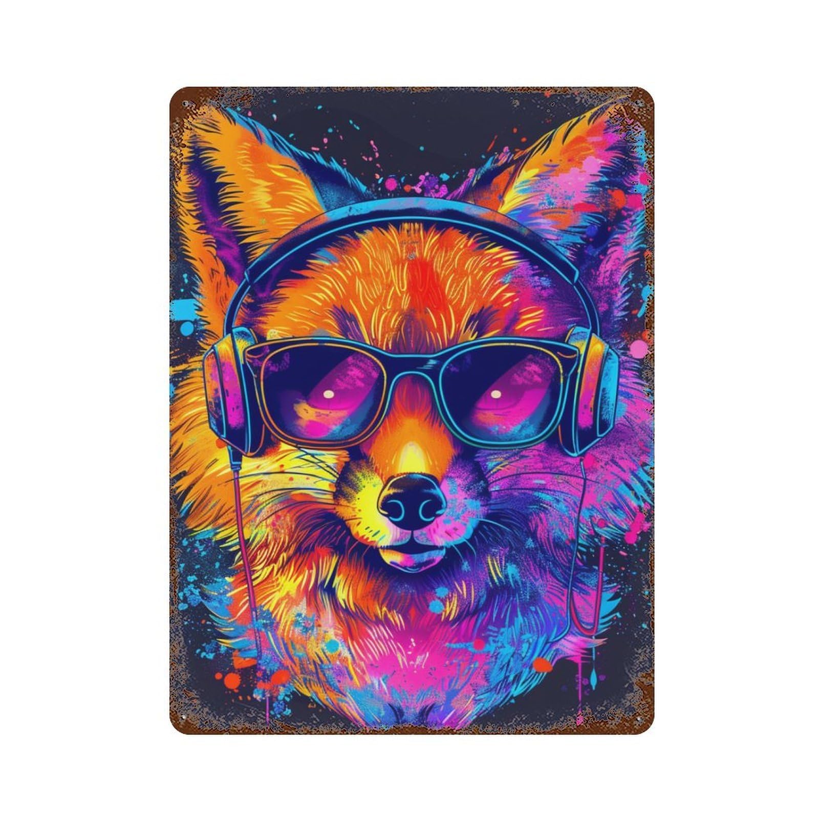 Rust Effect Colorful Fox Headphones Art Print Rusty Metal Tin Sign 15.7"x11.8", Farmhouse Wall Decor for Cafe, Home Bar And Lounge Decor