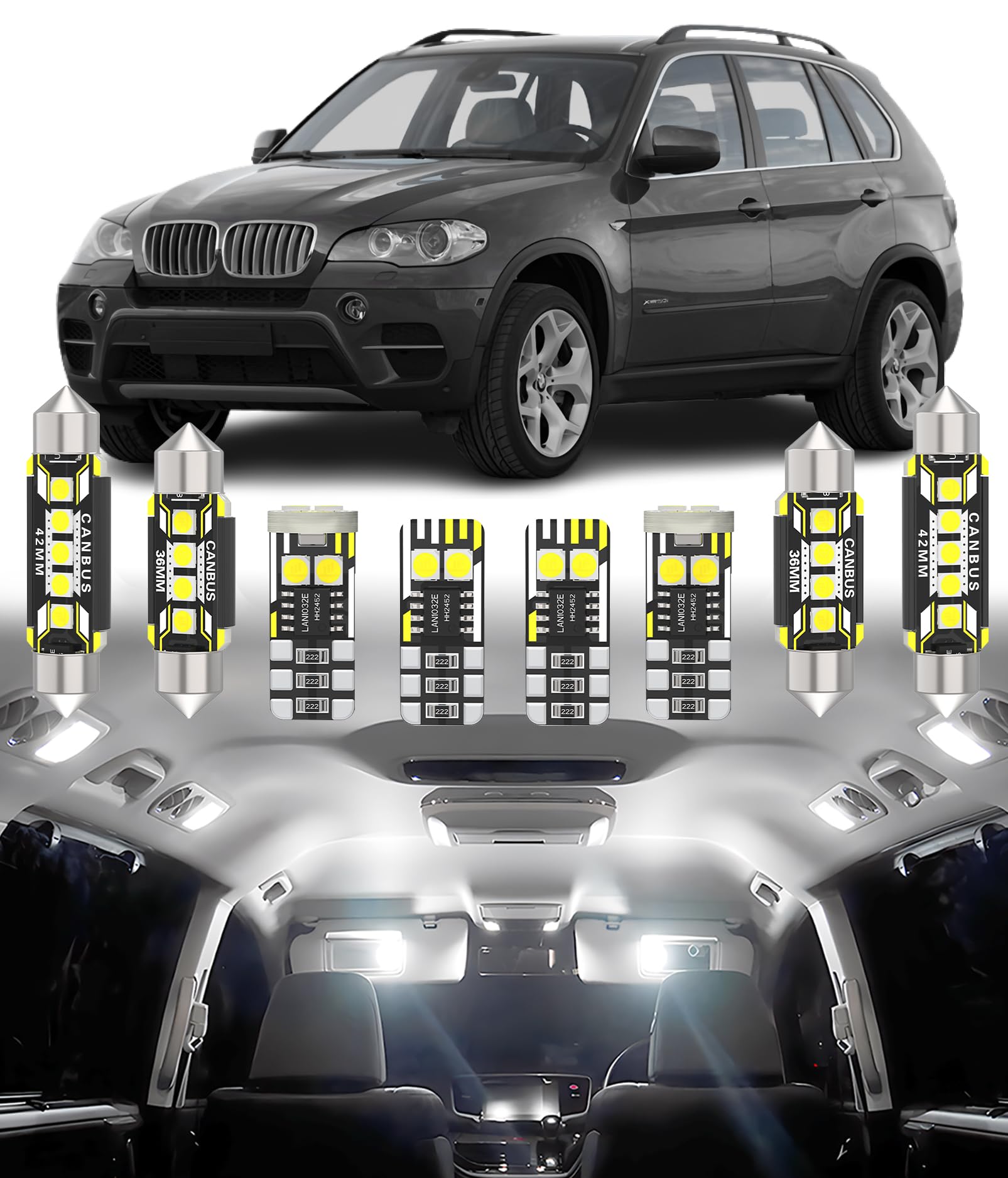 BMT xms 20pz Kit di Luci LED per Interni per BMW X5 E70 2007-2013, Lampadine LED per Interni Auto e Camion 6000K Bianco Luminoso