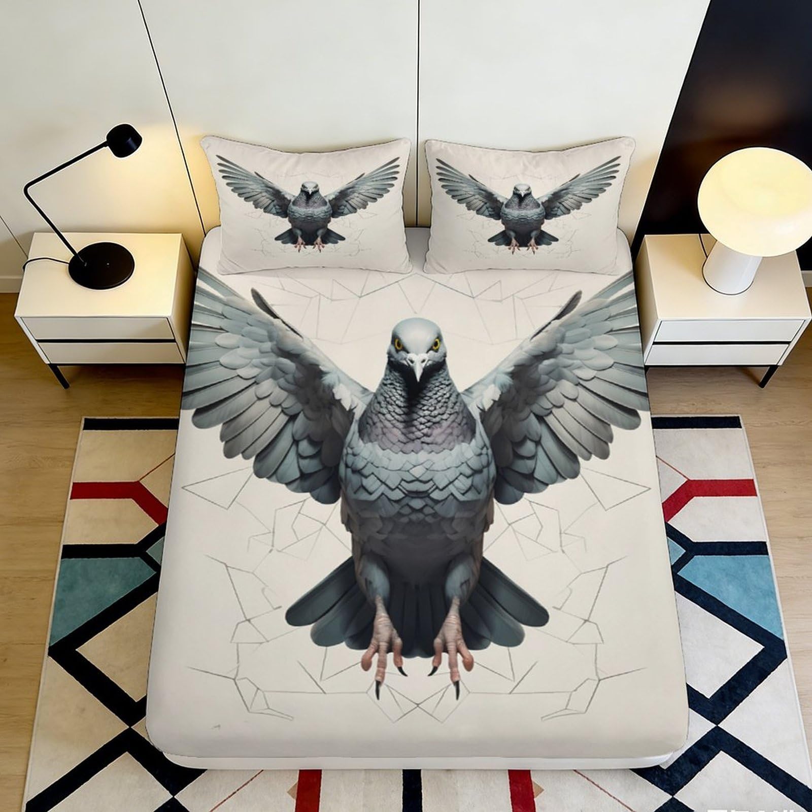 3D Printed Flying Pigeon Fitted Sheet Microfiber Anti-Slip Bird Pattern Mattress Cover for Bedroom Dorm Decor, Machine Washable 140x200x25cm