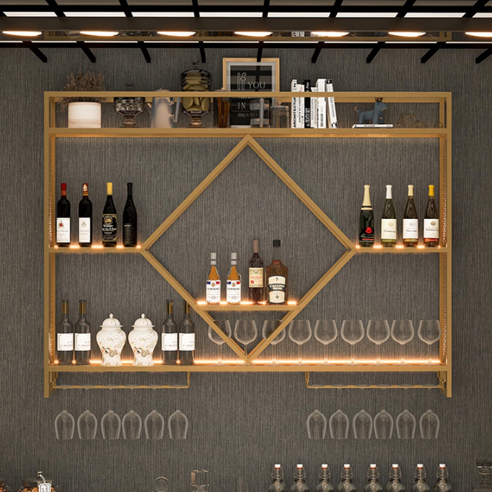 Porte-bouteilles mural en métal LED pour bar de cuisine