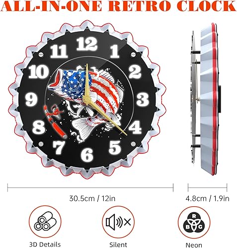 Miniatura 4 de Reloj de pared neón de 12 pulgadas, diseño retro de tapas de cerveza y gráficos de peces de bajo de bandera de EE. UU., llamativo brillo 3D,