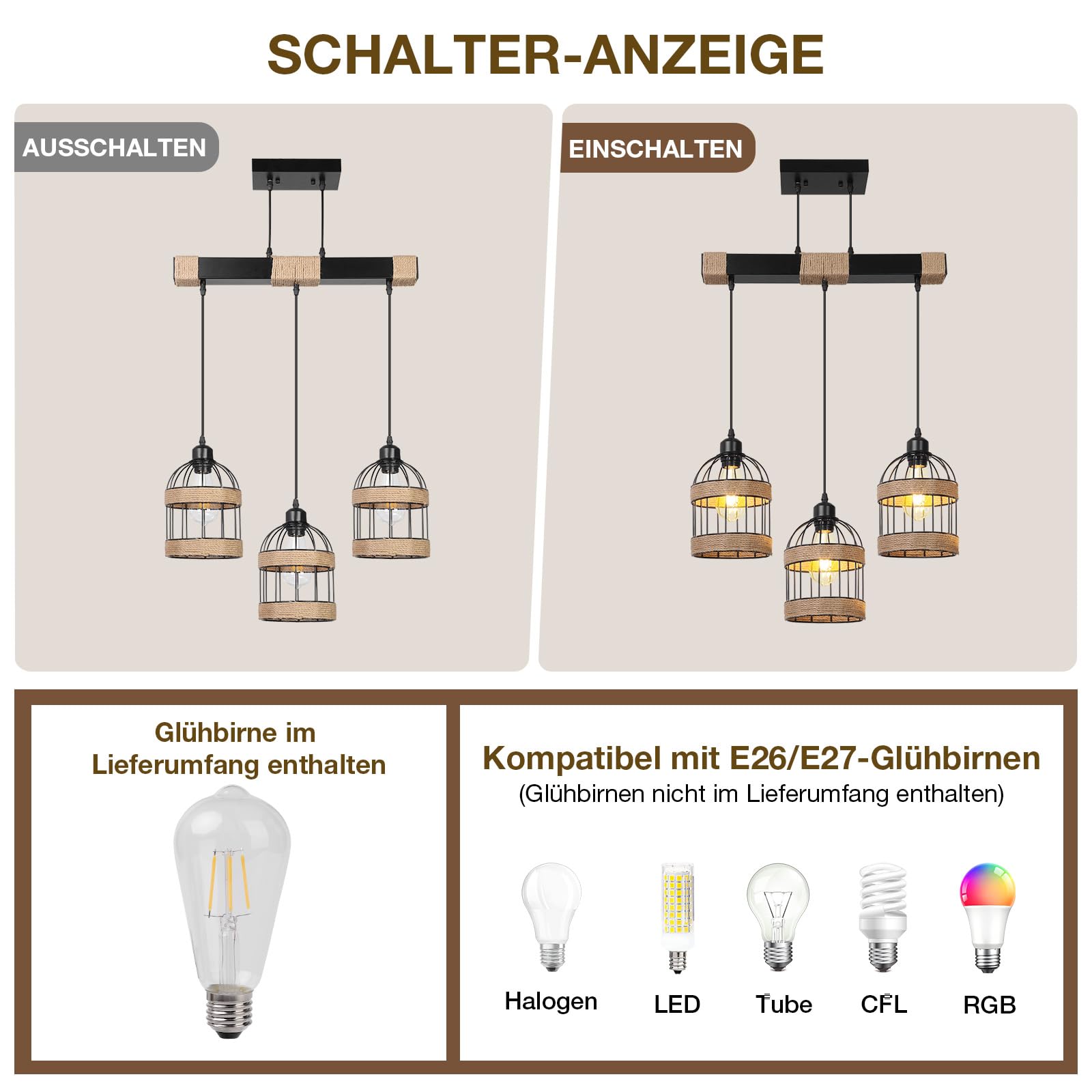 Pendelleuchte Esstisch 3-Flammig Höhenverstellbar,Schwarz Hängelampe Vintage mit Eisenkäfig,E27 Hanfseil Hängeleuchte Esstischlampe Hängend für Küche,Wohnzimmer,Esszimmer,Café