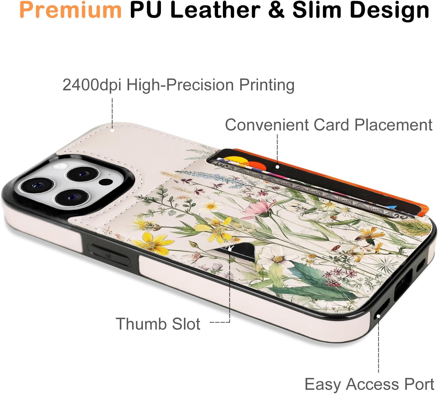 uCOLOR for iPhone 16 Pro Case with Card Holder- Slim Leather Wallet Case Credit Card Holder Moneymate Protective Hidden Card Slot Cover for Women Man 6.3"(Desert Flowers, iPhone 16 Pro) - Image 4