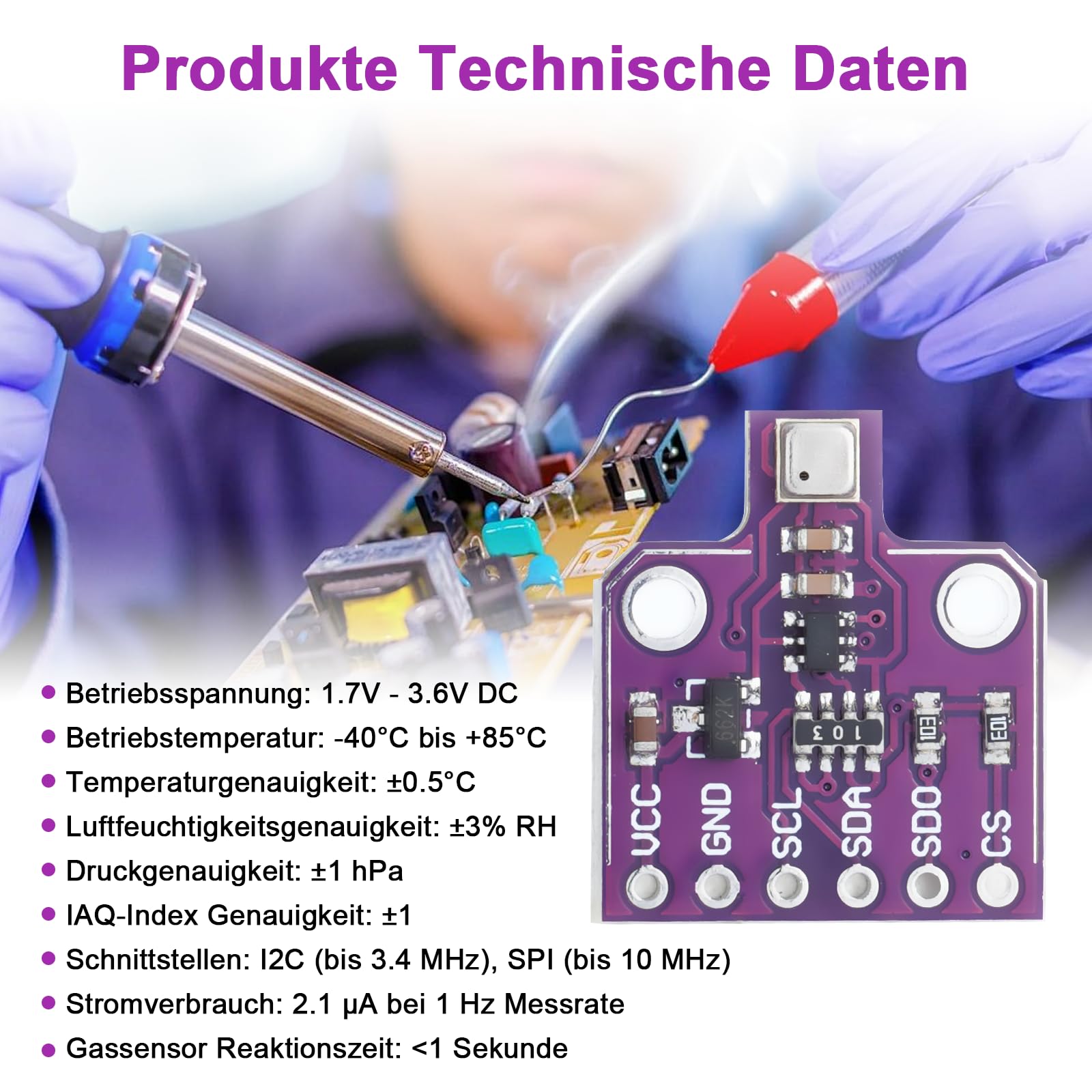 ARCELI BME680 Carte de développement CJMCU-680 Capteur de pression pour capteur de température et d'humidité 1,7 ~ 3,6 V I2C Compatible avec Arduino pour la détection de la qualité de l'air (3 pièces)