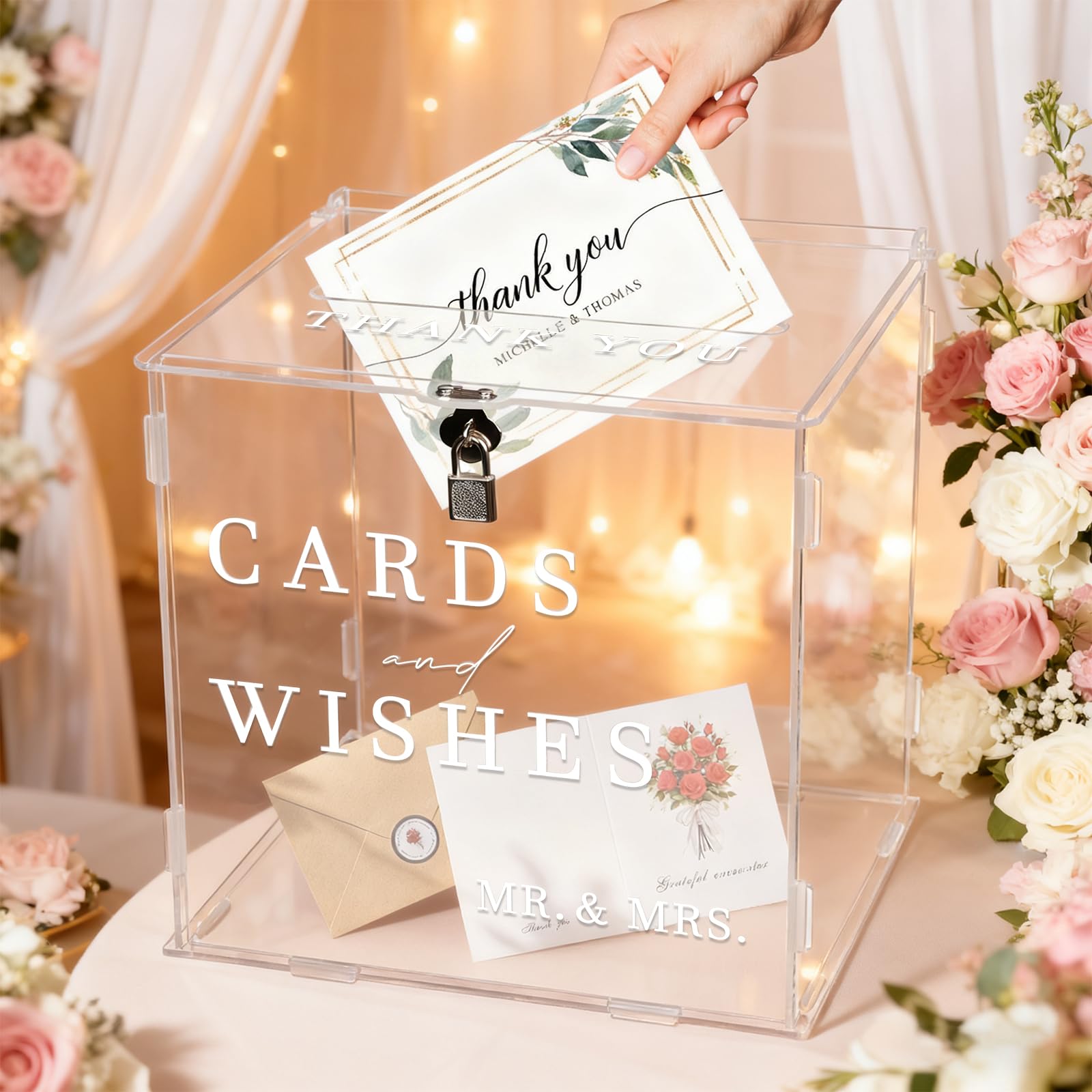 Caja Acrílico para Tarjetas Bodas con Cerradura, 26 x 22 x 25,5 cm Transparente Caja para Sobres Boda Grande, Buzon Boda Cajas Dinero Bodas Para Regalo, Recepción, Aniversario y Fiesta de Cumpleaños