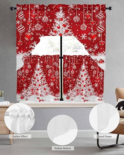 Miniatura 4 de Juego de 3 cortinas de cocina con festón de árbol de Navidad con cenefa, 3 piezas con bolsillo para barra, cortinas para dormitorio, sala de estar,