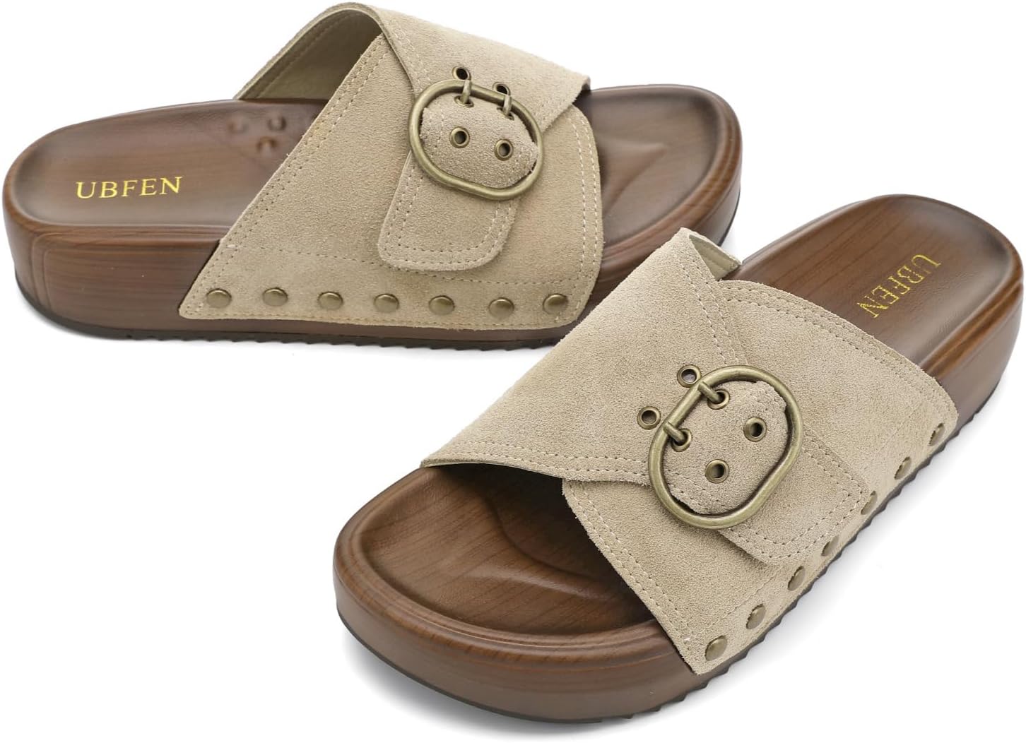 UBFEN Womens Platform Sandals Slides Genuine Leather Adjustable Buckle and Cushion Footbed Comfortable Slip On Retro Shoes - Image 3