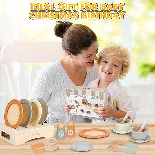 Miniatura 7 de Juego de platos y platos de madera para niños, 27 piezas de accesorios de cocina de madera, juguete de cocina para niños y niñas de 3, 4, 5, 6