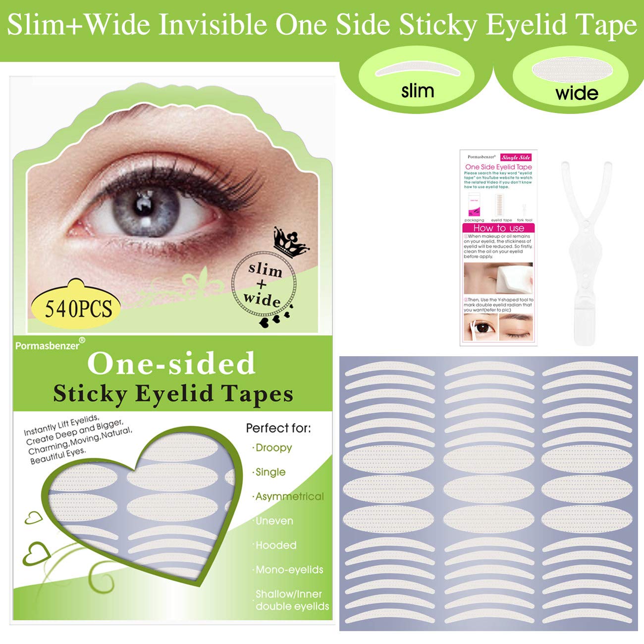 480PCS Invisible Single Side Fiber Double Eyelid Tape Stickers Perfect for Hooded, Droopy, Uneven, small eyes, or Mono-eyelids, 240PCS Slim + 240PCS Wide