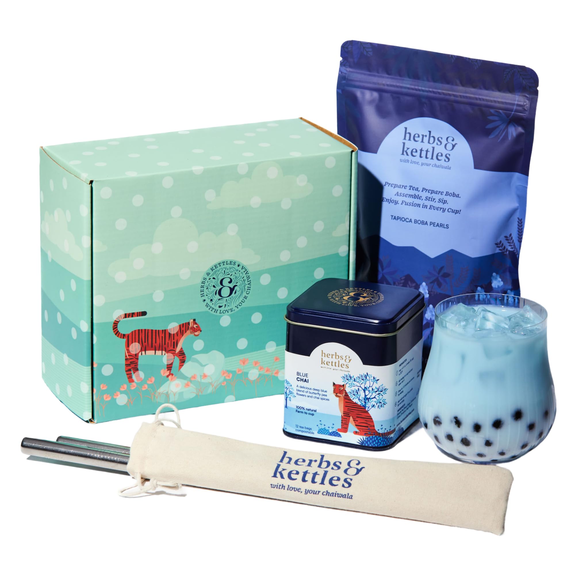 Herbs & Kettles Blue Chai Boba Kit | Butterfly Pea Flower Chai with Ginger, Cardamom, Cloves & Cinnamon + Chewy Tapioca Pearls | Complete DIY