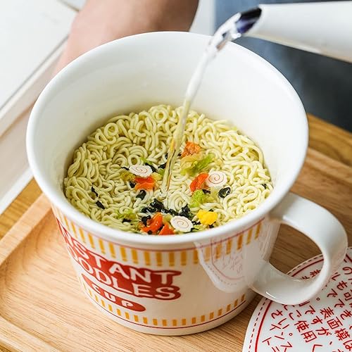 Miniatura 2 de Hanghaijia Cuenco de fideos instantáneos de cerámica con tapa, taza creativa para sopa de ramen, cuenco para almuerzo para estudiantes (color rojo,