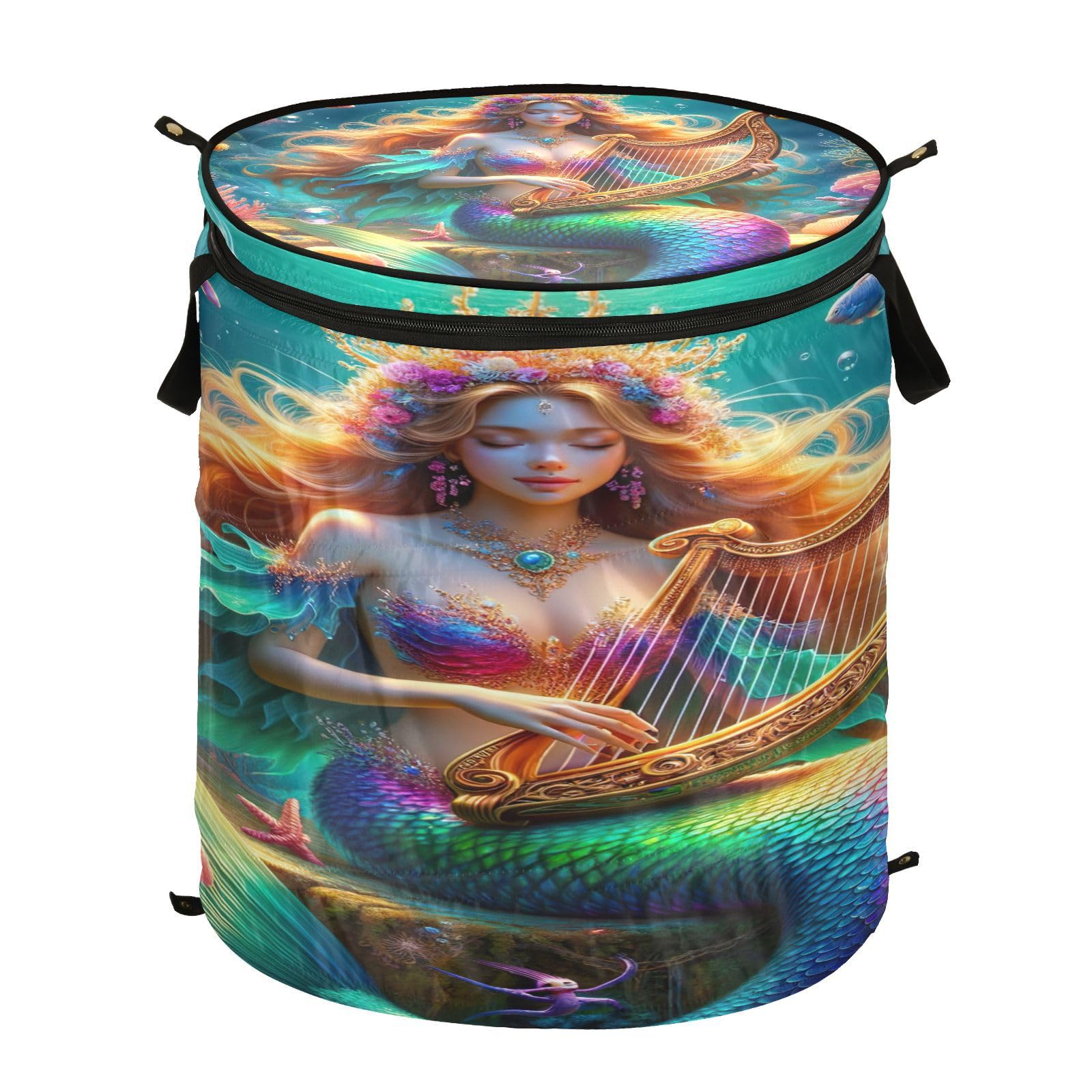 Fantasy Mermaid Playing Harp Foldable Laundry Basket Pop Up, Laundry Basket, Laundry Basket for Girls Bedroom