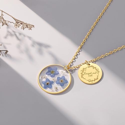 Miniatura 85 de Forget-Me-Not and Queen Anne's Lace Pressed Wildflower Necklace Birth Month Real Flower Necklace Gold/Silver Pressed Flower Jewelry