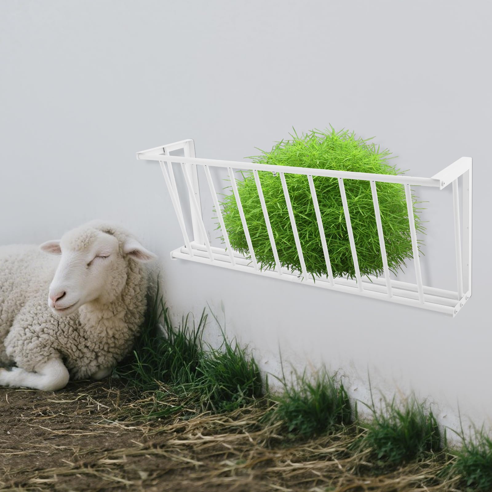 Râtelier à foin mural 113,65 l Porte-foin suspendu 102 x 24 x 40 cm pour nourrir les moutons, les chèvres et les chevaux (blanc)