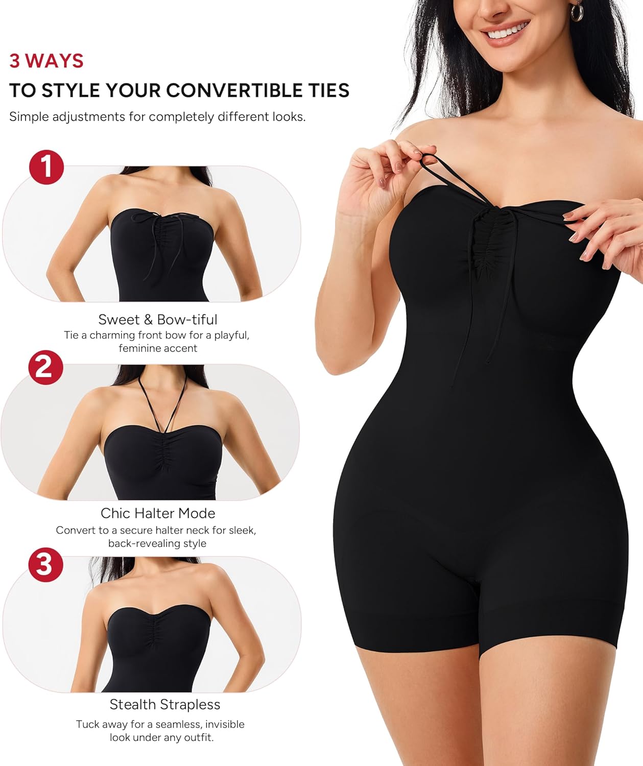 Nebility Strapless Shapewear for Women Tummy Control Shapewear Bodysuits Full Body Shaper with Adjustable Bow & Halter Neck - Image 2