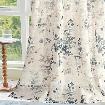 Printing Semi Sheer Curtains Sheer Linen Curtains 84 Inch Long for Living Room Bedroom Classical Floral Printing Window Treatment Grommet 2 Panels Blue/Taupe, 52Wx 63L