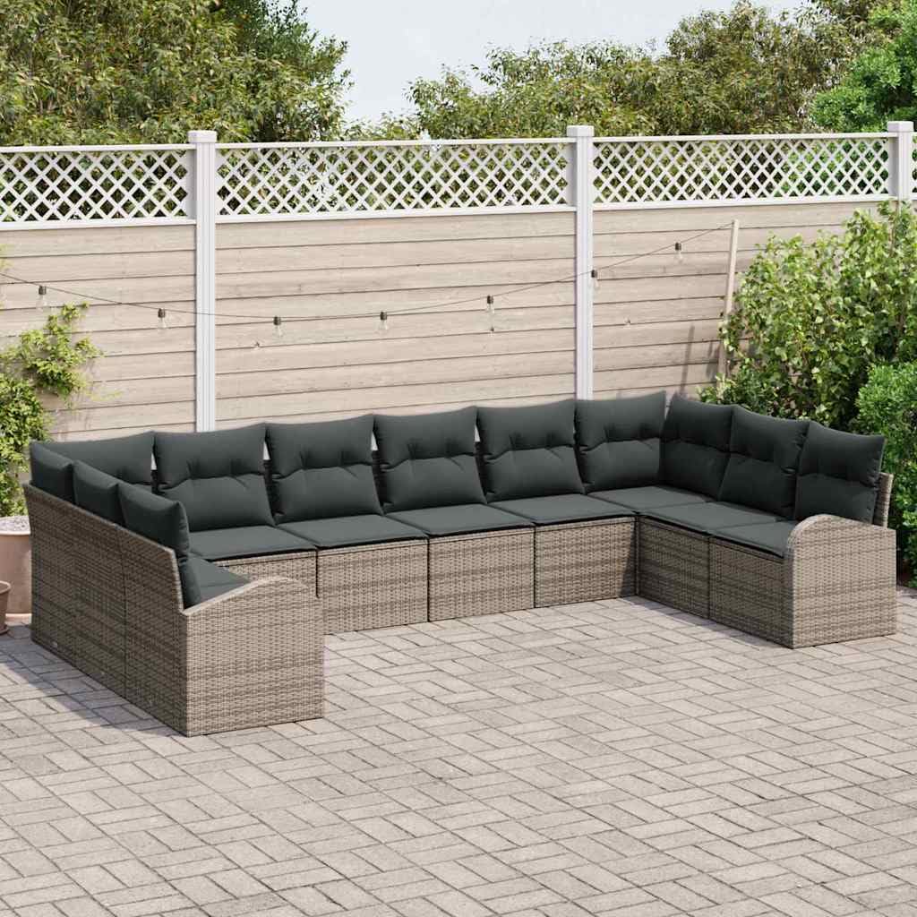 Set Divano da Giardino 10 Pezzi in Polyrattan Grigio con Cuscini | Salotto componibile da esterno per 8 persone, ideale per arredare il terrazzo e il patio con stile e comfort.