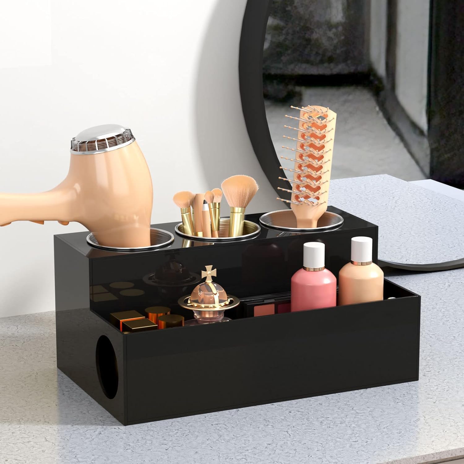 Organizzatore per Strumenti per Capelli Porta Asciugacapelli da Appoggio Supporto per Asciugacapelli per Bagno con 3 Tazze Nero