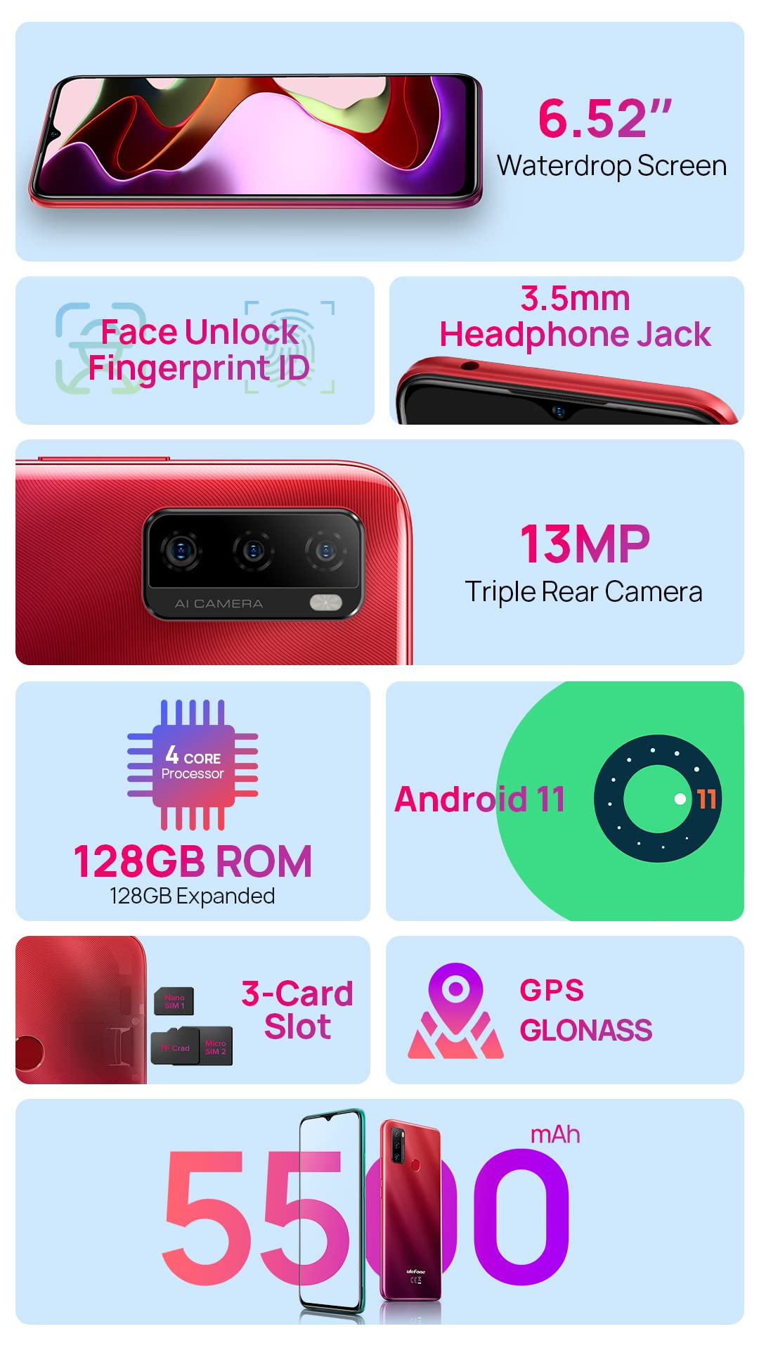 Cellulare Offerta Ulefone NOTE 10(P), 3GB RAM 128GB ROM, Tripla Fotocamera 13MP, Smartphone DUAL SIM 4G, HD+ 6,5'', Slot Per 3 Schede, Android 11, Batteria 5500mAh Impronte Digitali GPS WIFI Verde