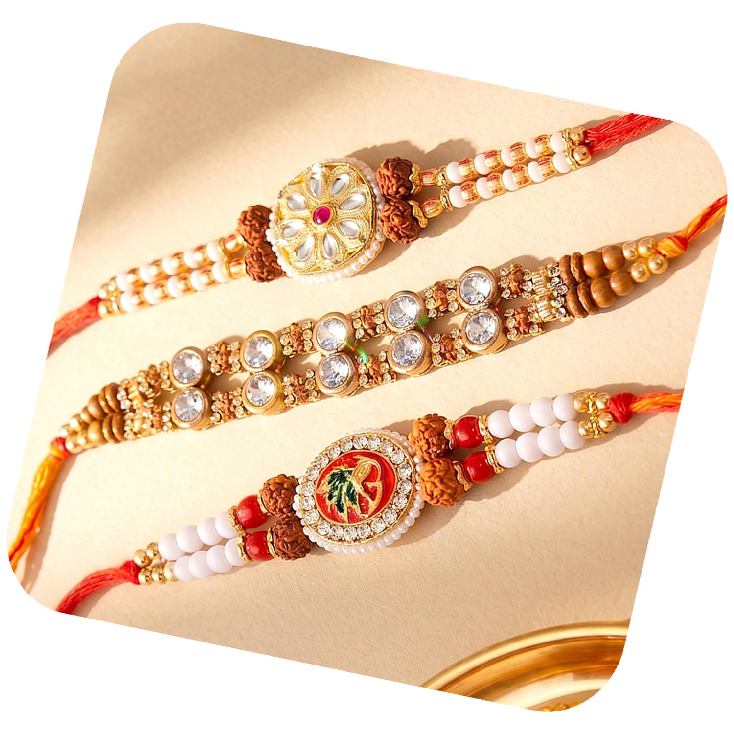 Peora Rakhi Set for Brother Pack of 3 | Rudraksha Crystal & Beads Studded | Red | Handmade Designer Silk Thread | Rakshabandhan Gift Hamper with Roli Chawal Greeting Card