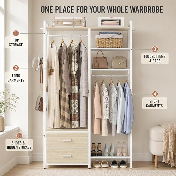 iSunirm Open Wardrobe with Drawers & Double Hanging Rails - 115cm Wide Industrial Clothes Rack with 2 Fabric Bins, Shoe Storage & Reversible Shelves - Heavy Duty Garment Rack for Bedroom or Hallway