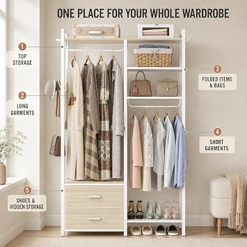 iSunirm Open Wardrobe with Drawers & Double Hanging Rails - 115cm Wide Industrial Clothes Rack with 2 Fabric Bins, Shoe Storage & Reversible Shelves - Heavy Duty Garment Rack for Bedroom or Hallway