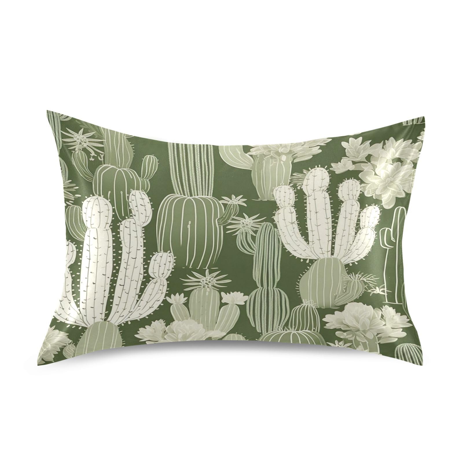 Kigai Satin Pillowcase for Hair and Skin, Cute Cactus Cooling Pillow Case with Envelope Closure Soft Breathable Silk Satin Pillow Cover for Sleeping Standard Size 26x20 in
