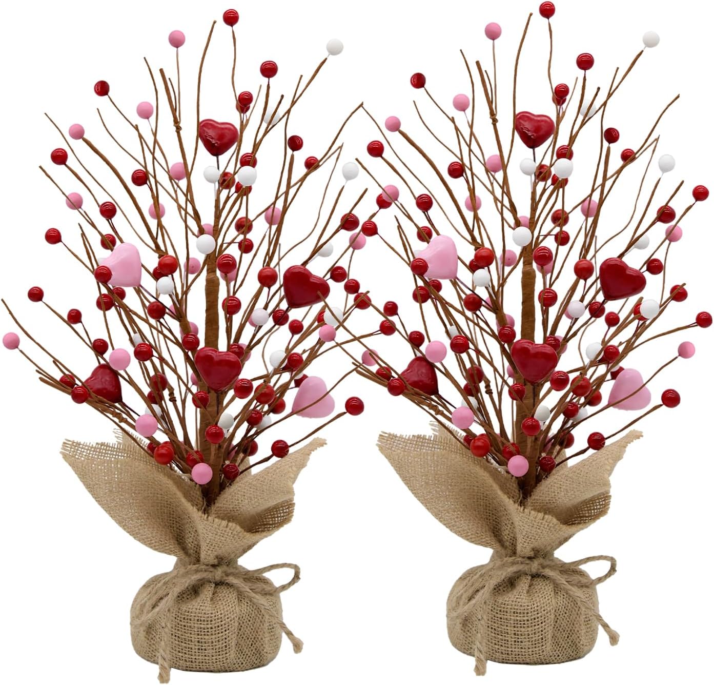 Valentine's Day Artificial Heart Berry Tree Decor - 2 Pack 17Inch Red & Pink Valentine Tree Table Centerpieces for Valentines Day Decorations Indoor