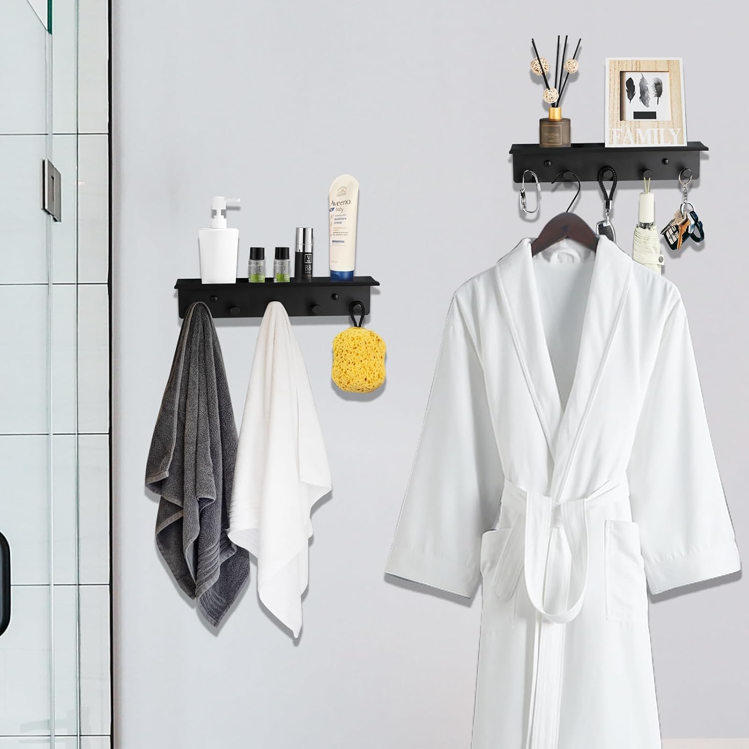 Towel Rack with Shelf Wall Mounted, Set of 2 Aluminum Bath Robe Hook, Outdoor Pool Holder or Bathroom Hot Tub Accessories, Metal Bathtub Hanger, Decor Display Storage for Hat Clothes Key Bag
